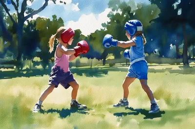 Two Young Girls Sparring With Boxing Gloves In Park
