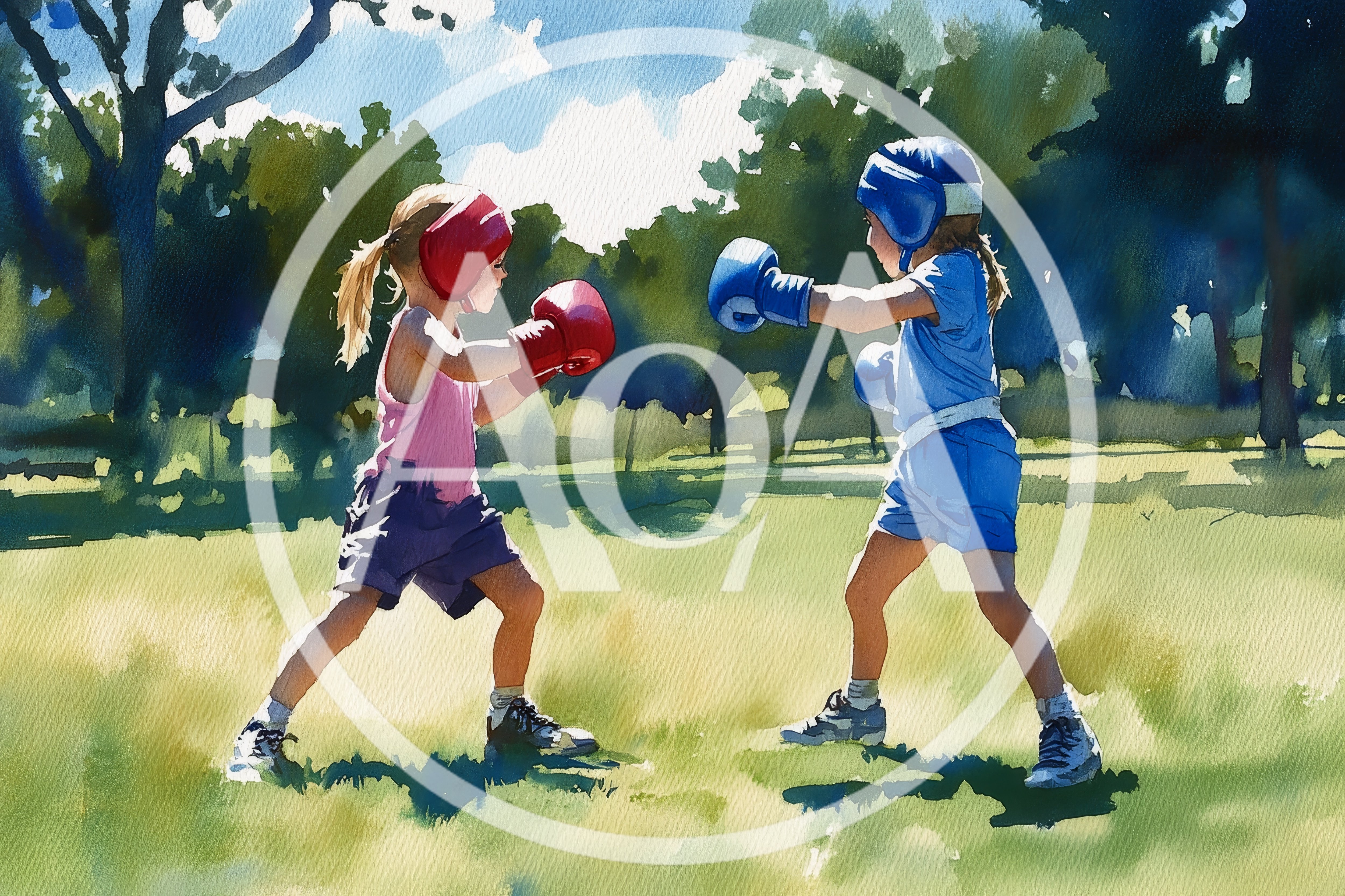 Two Young Girls Sparring With Boxing Gloves In Park