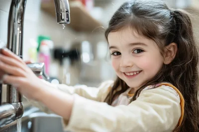 Young Girl Washing Hands Under Kitchen Faucet