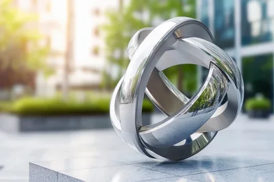 Modern Abstract Metallic Sculpture In Urban Plaza