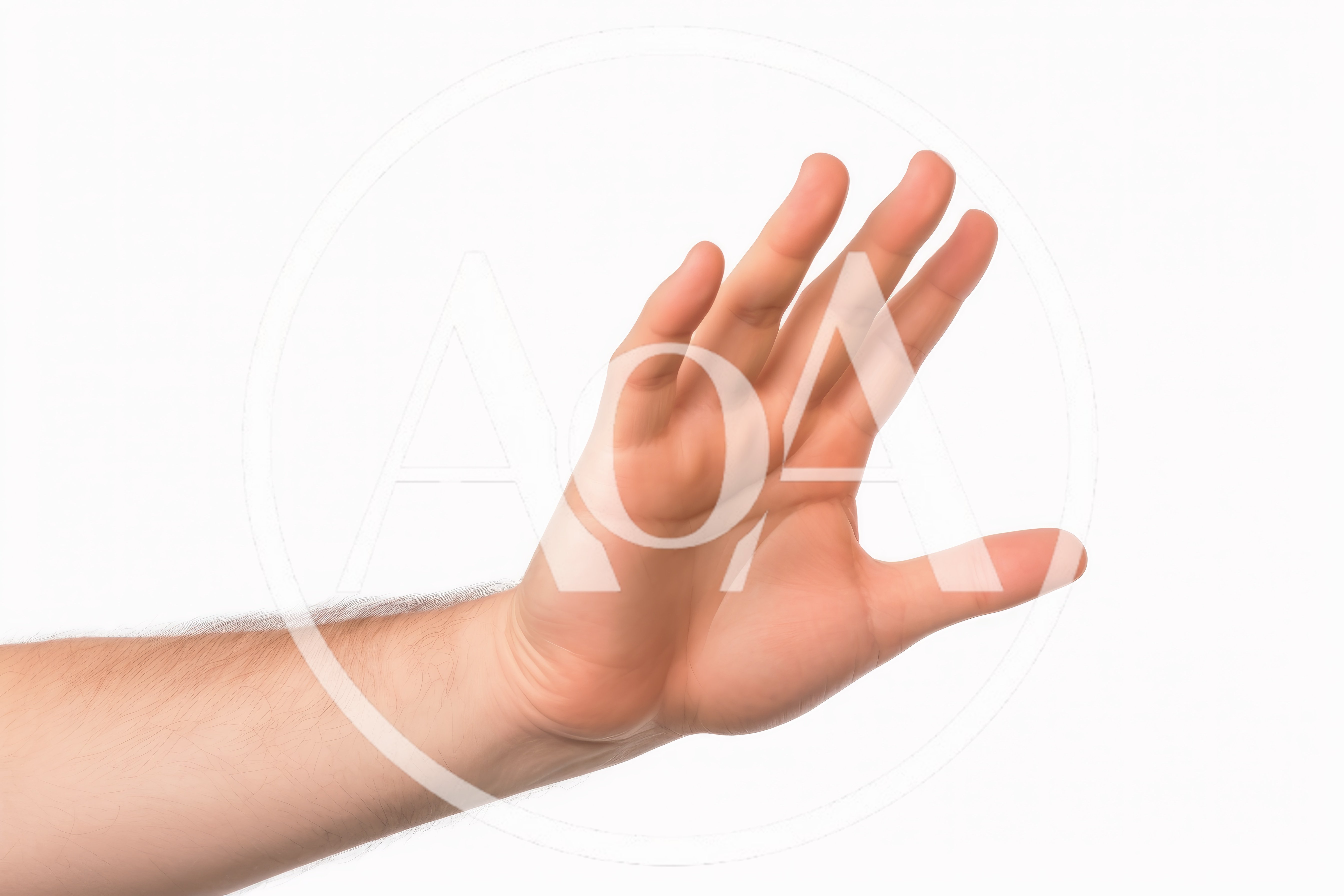 Male Hand Gesturing Stop Sign Against White Background
