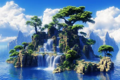 Floating Island With Cascading Waterfalls And Lush Trees