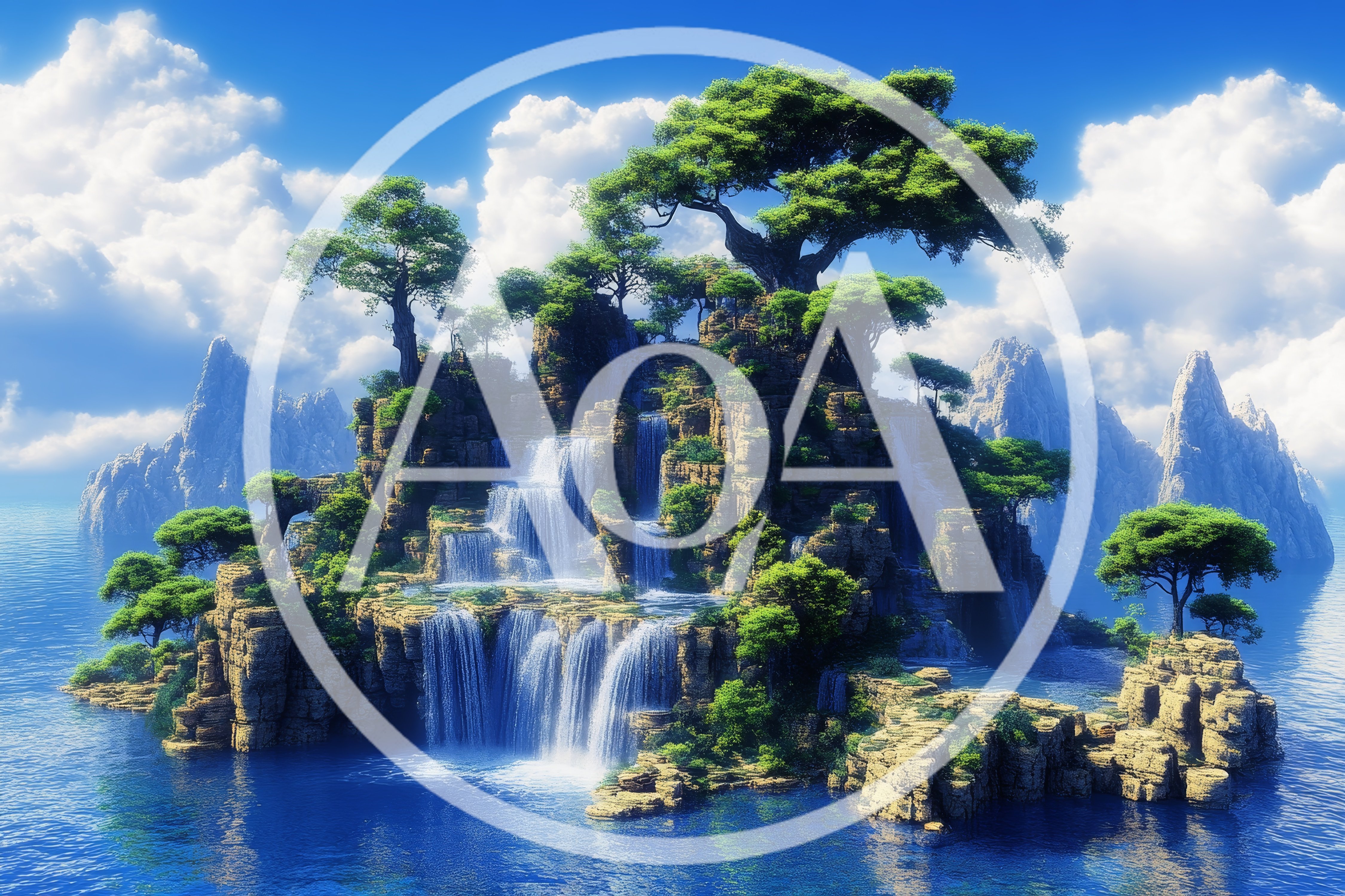 Floating Island With Cascading Waterfalls And Lush Trees