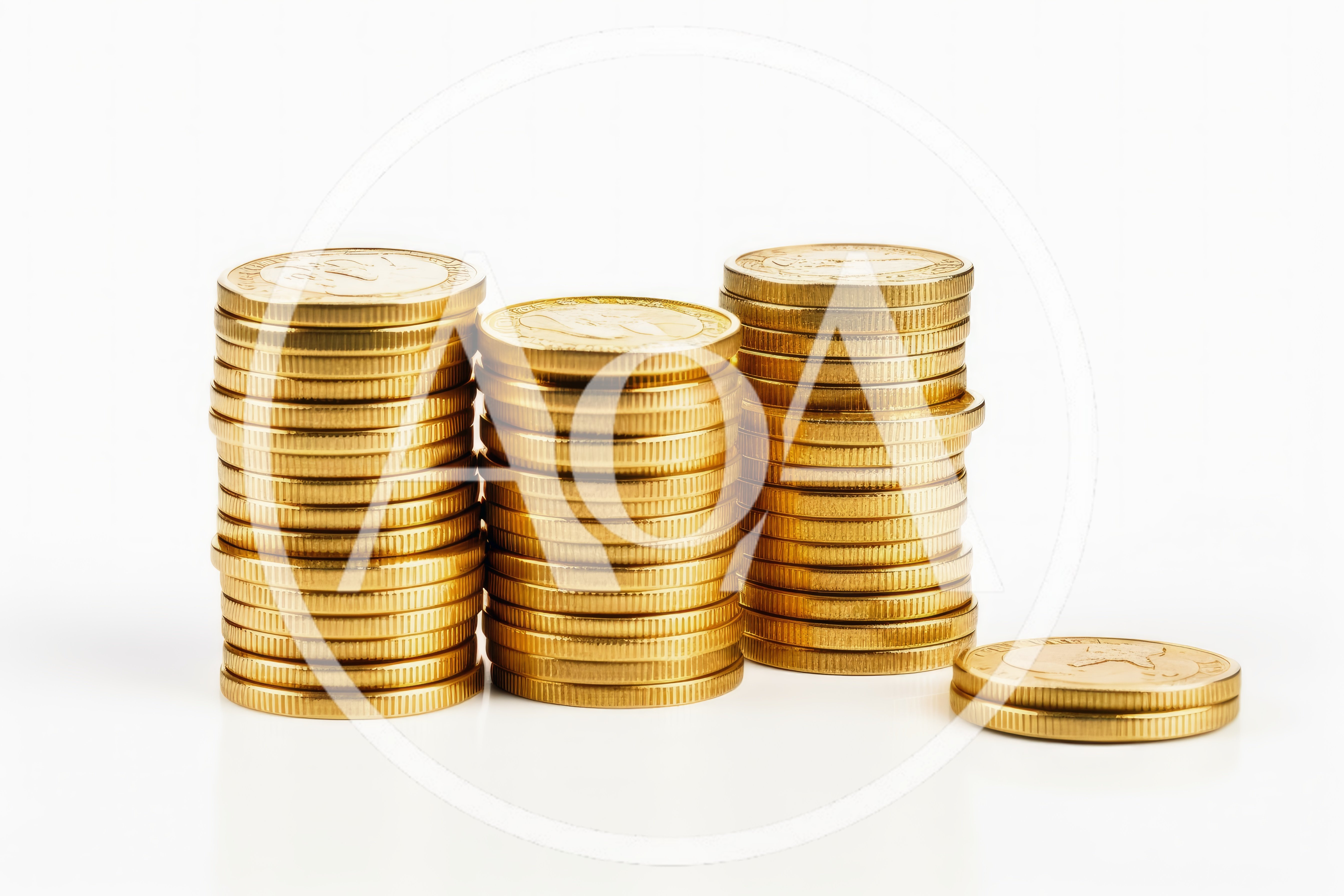 Three Stacks of Gold Coins on White Background