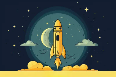 Yellow Rocket Launching Into Space At Night
