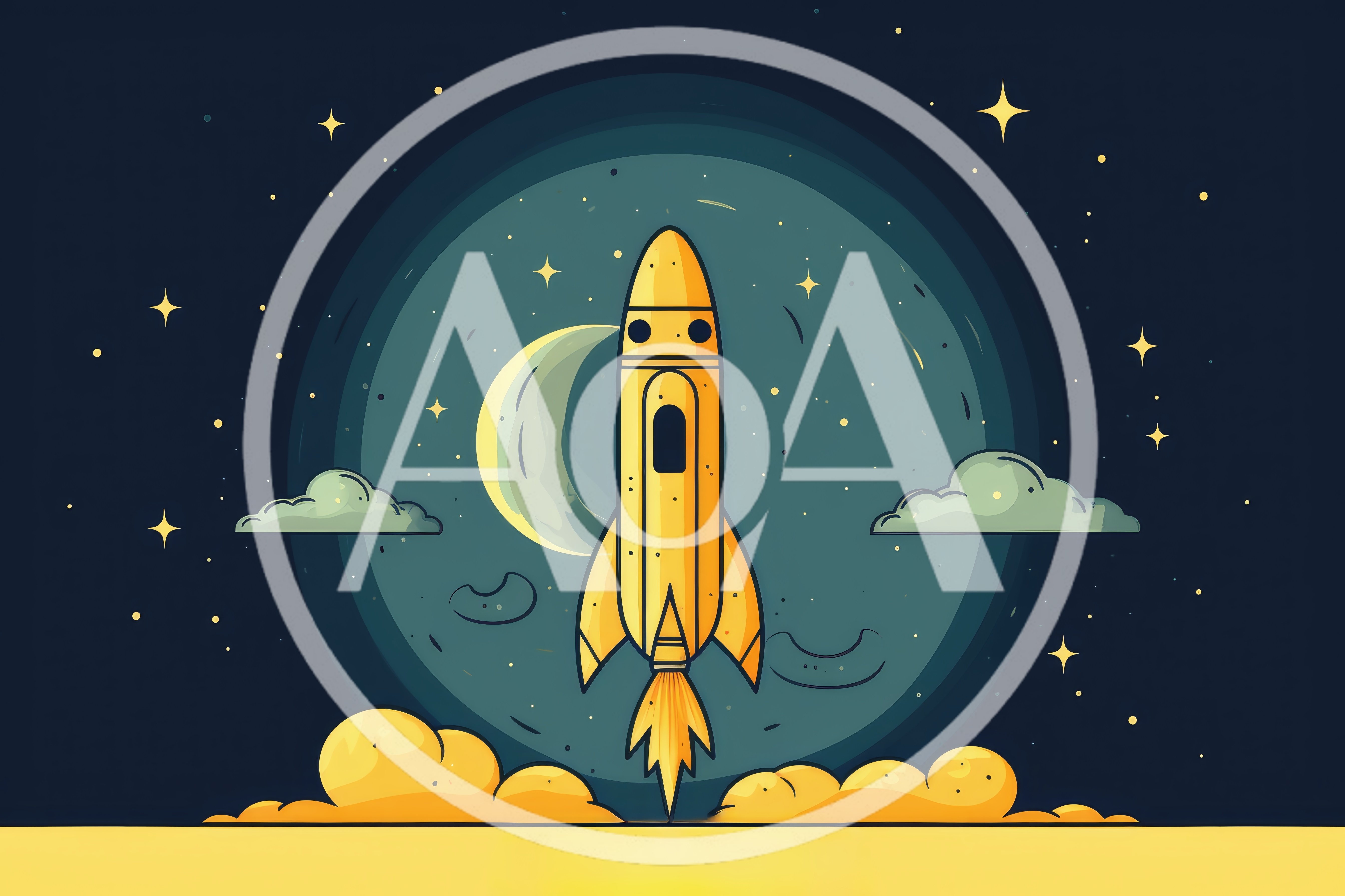 Yellow Rocket Launching Into Space At Night