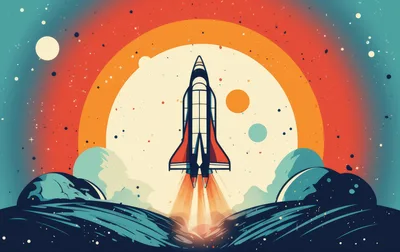 Retro Style Space Shuttle Launching Into Orbit