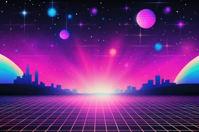 Retro Synthwave Landscape With Glowing Grid And Cityscape