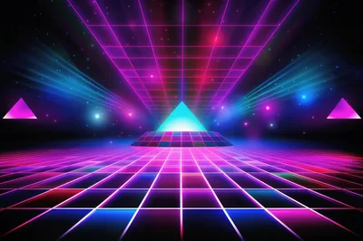 Retro Synthwave Grid Landscape With Glowing Neon Pyramid