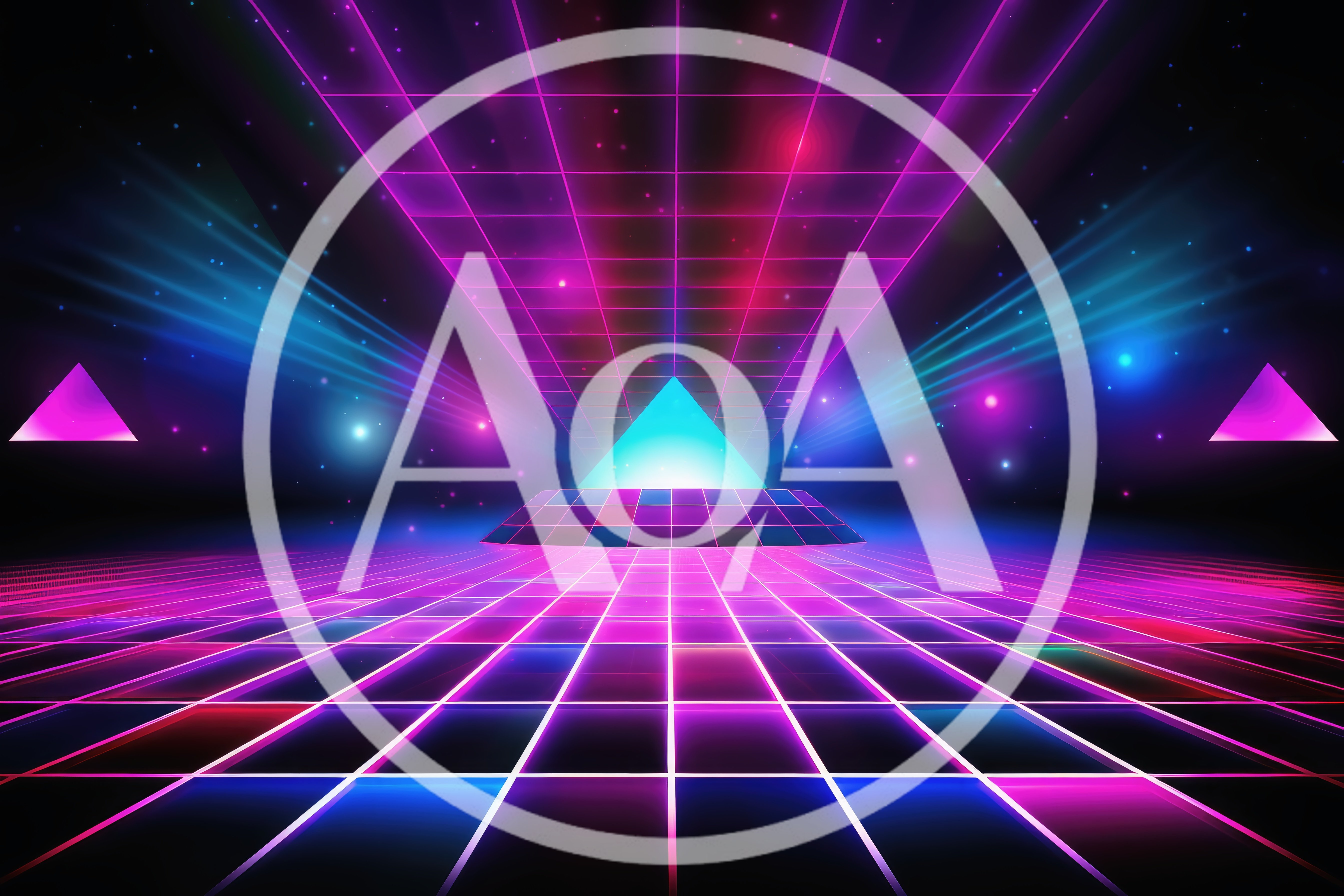 Retro Synthwave Grid Landscape With Glowing Neon Pyramid
