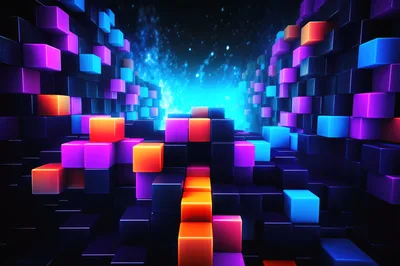 Abstract Digital Background With Glowing Neon Cubes