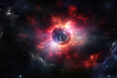 Cosmic Black Hole Surrounded By Glowing Red Nebula