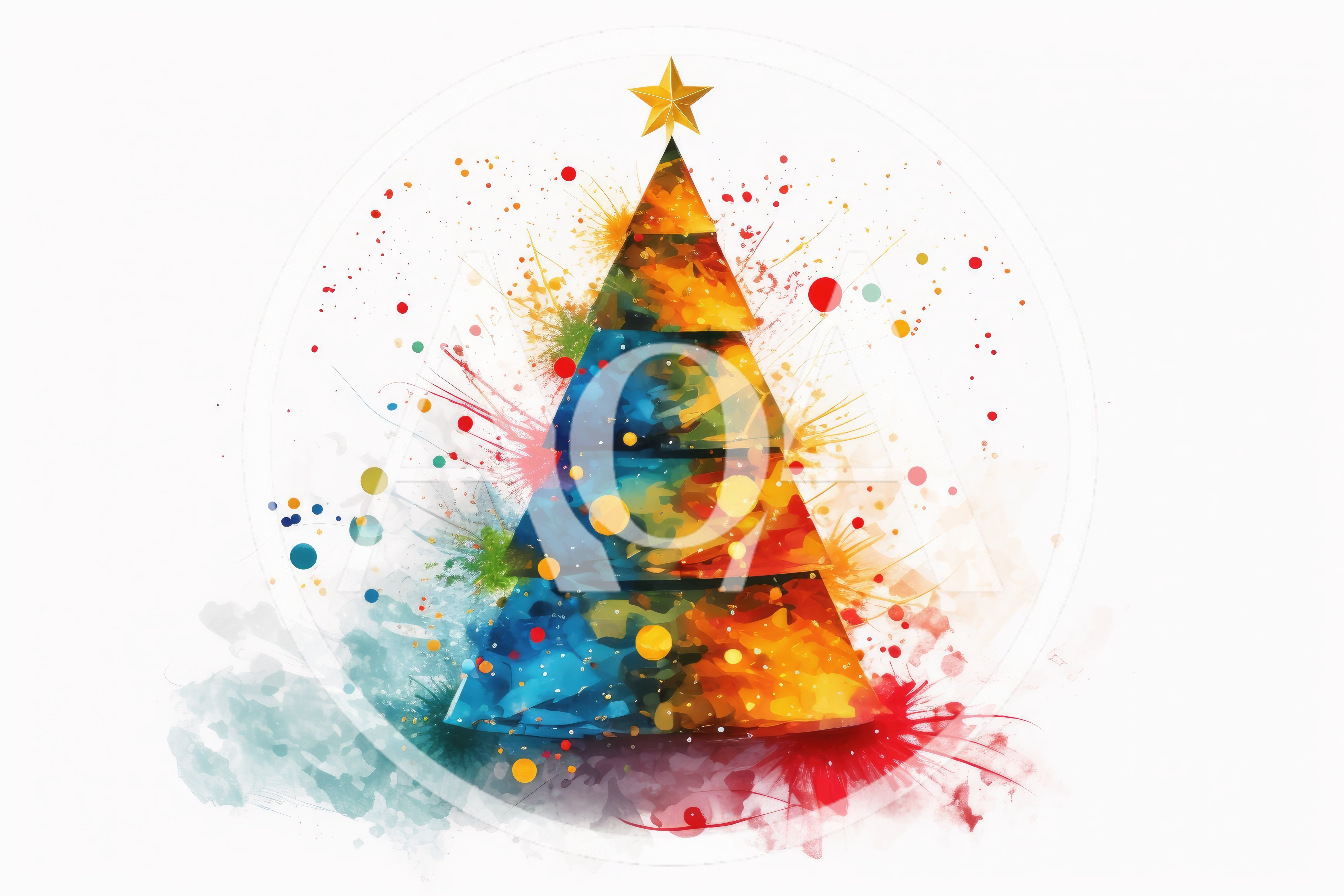 Abstract Watercolor Christmas Tree With Splatter Art