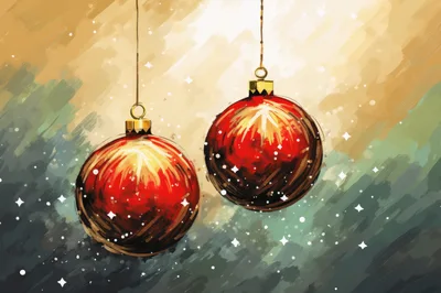 Two Red Christmas Ornaments Hanging Against Abstract Background