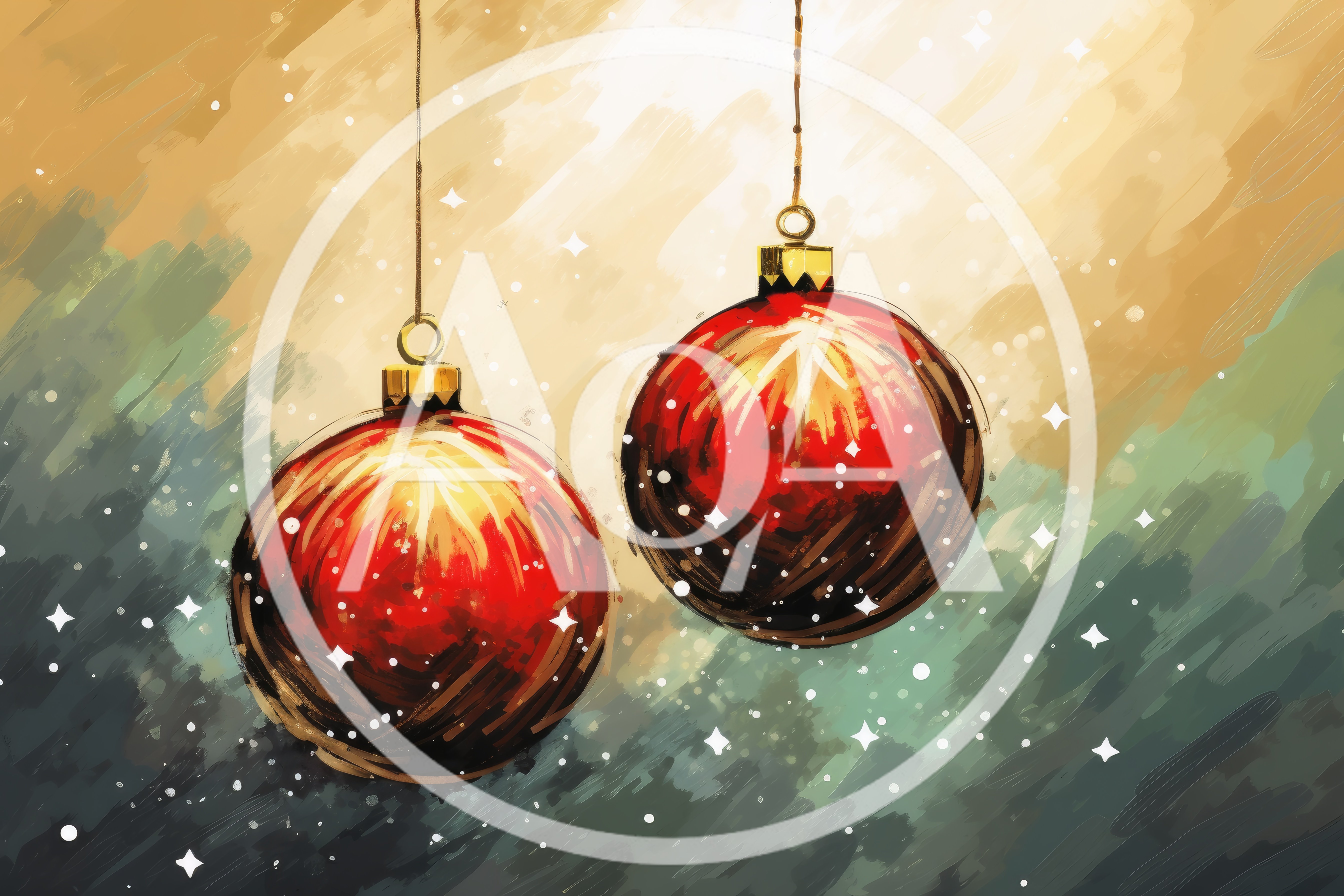 Two Red Christmas Ornaments Hanging Against Abstract Background