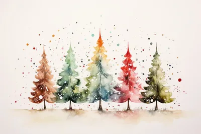 Watercolor Illustration Of Five Colorful Christmas Trees