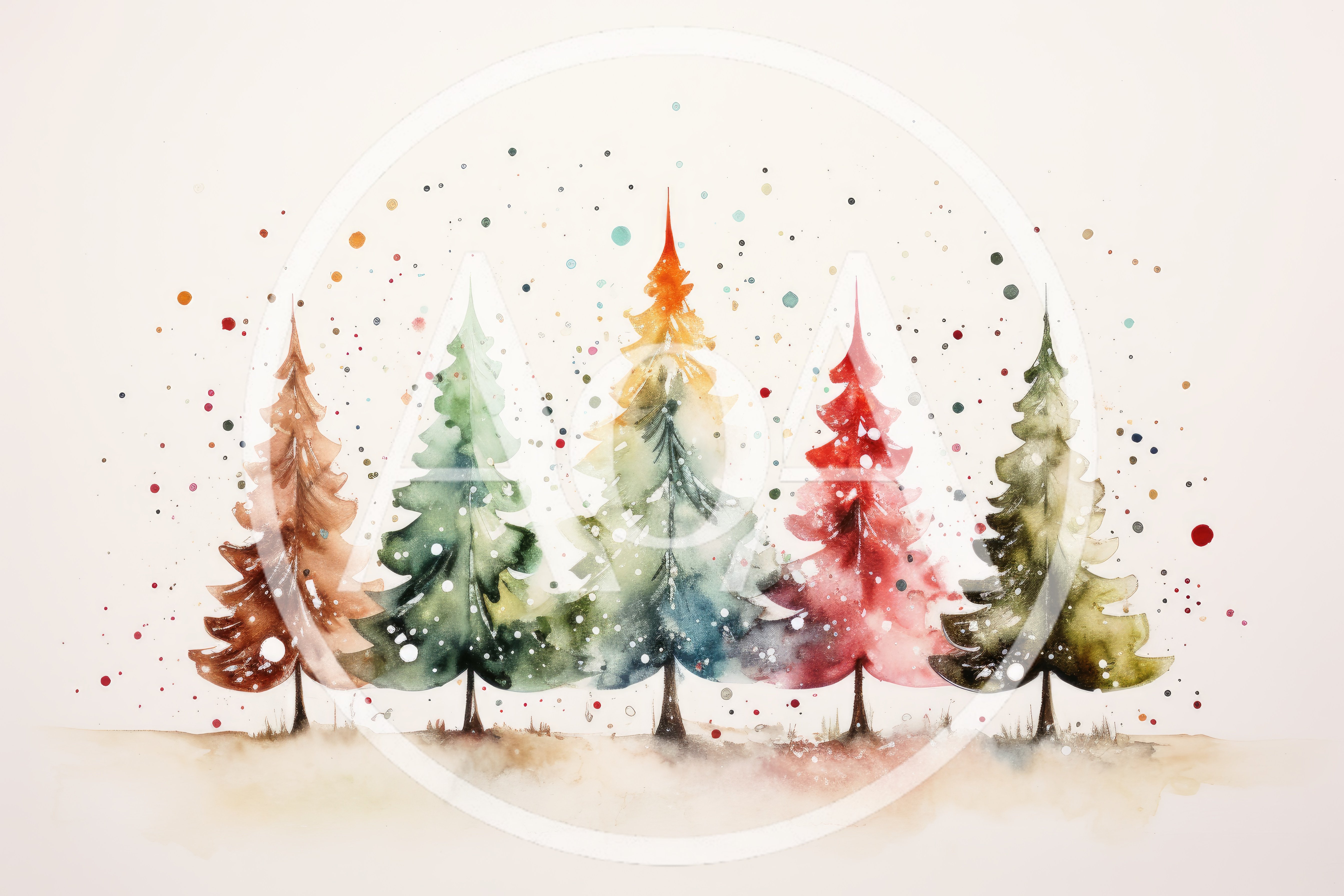 Watercolor Illustration Of Five Colorful Christmas Trees