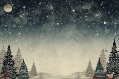 Vintage Style Winter Forest Landscape With Starry Night Sky
