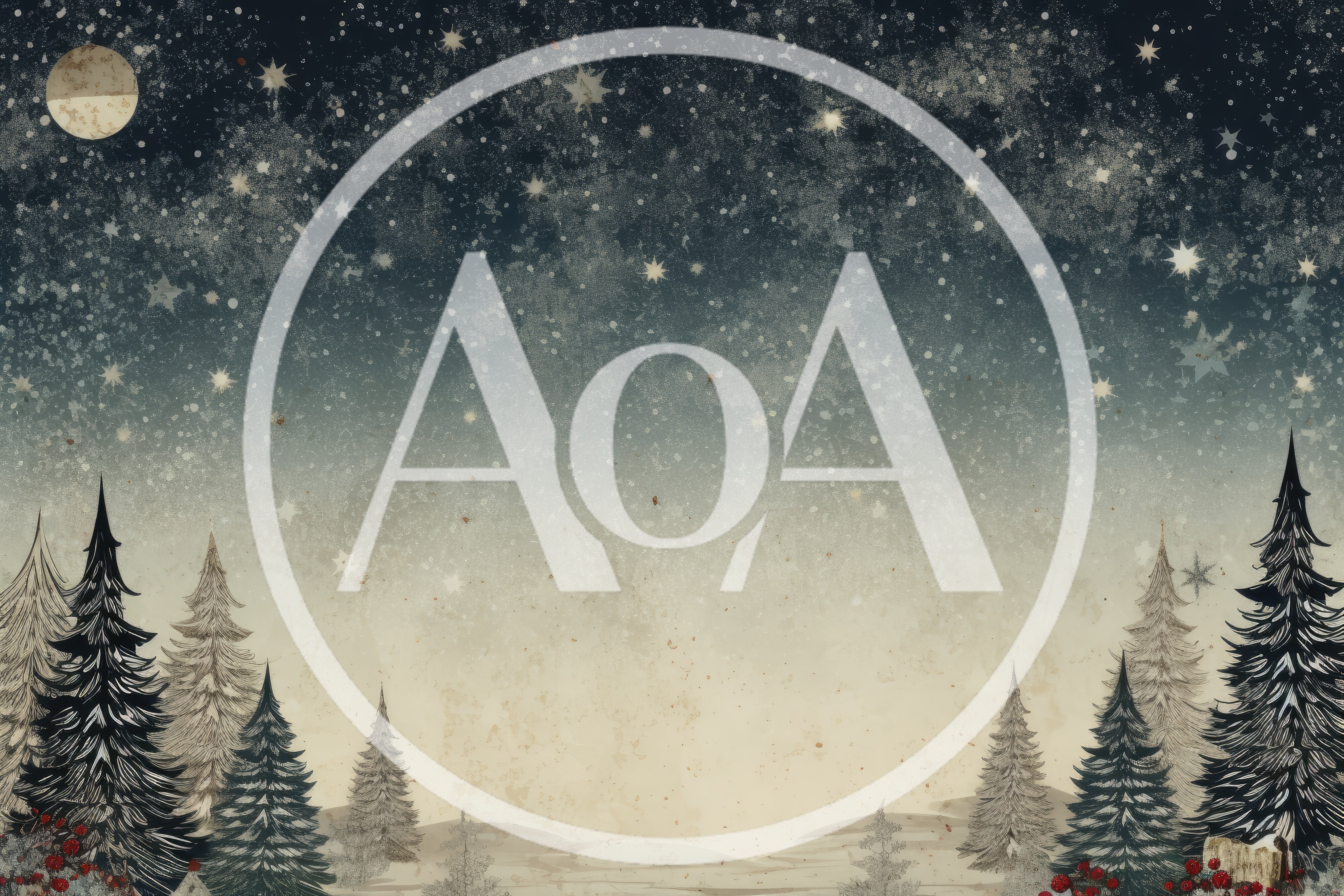 Vintage Style Winter Forest Landscape With Starry Night Sky