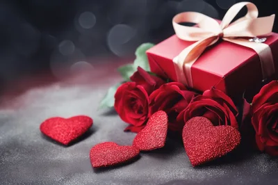 Red Gift Box With Roses And Glitter Hearts