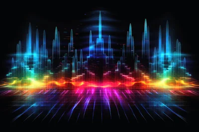 Abstract Digital Cityscape With Neon Light Waves