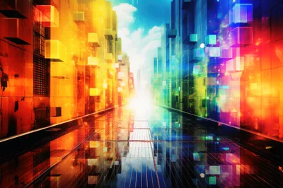 Futuristic City Street With Vibrant Abstract Geometric Architecture