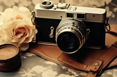 Vintage Film Camera With Rose And Leather Case