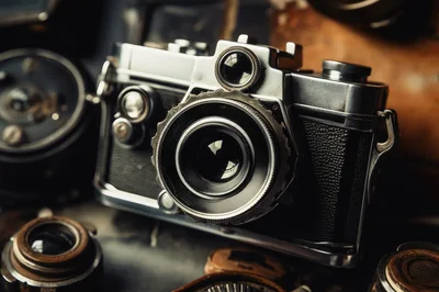 Vintage Rangefinder Camera Surrounded By Antique Photography Equipment
