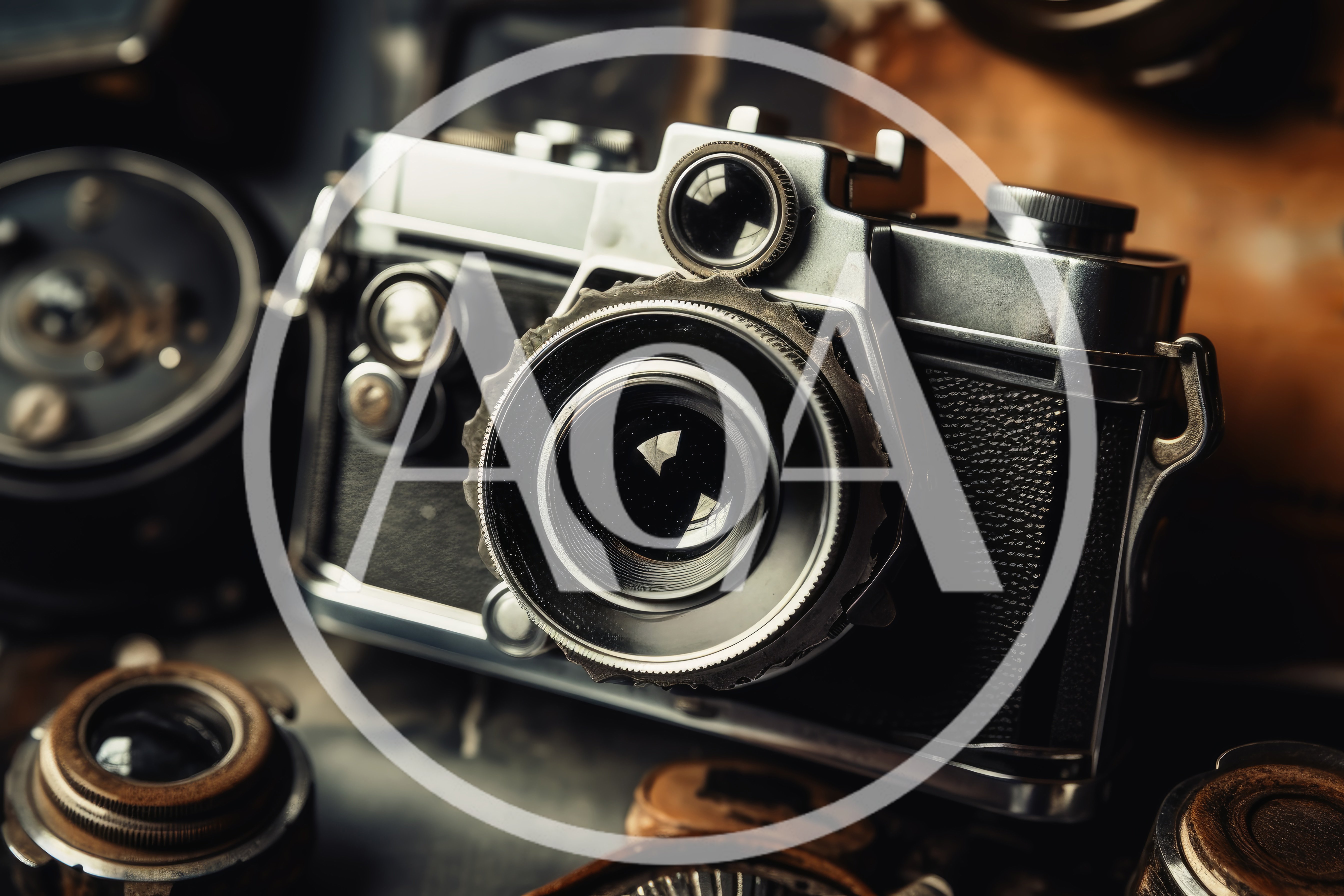 Vintage Rangefinder Camera Surrounded By Antique Photography Equipment