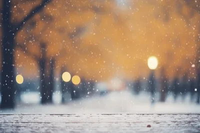Snowy Wooden Surface With Blurred Winter Park Background