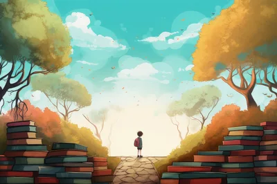 Child Standing On Path Between Stacks Of Books