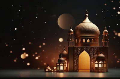 Golden Mosque Miniature With Glowing Lanterns At Night