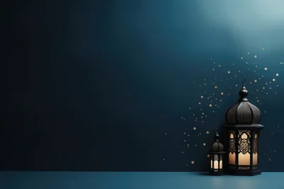 Two Decorative Ramadan Lanterns on Dark Blue Background