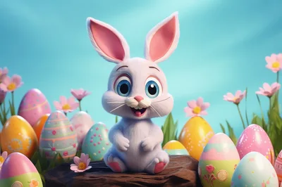 Cute Cartoon Easter Bunny Sitting Among Decorated Eggs