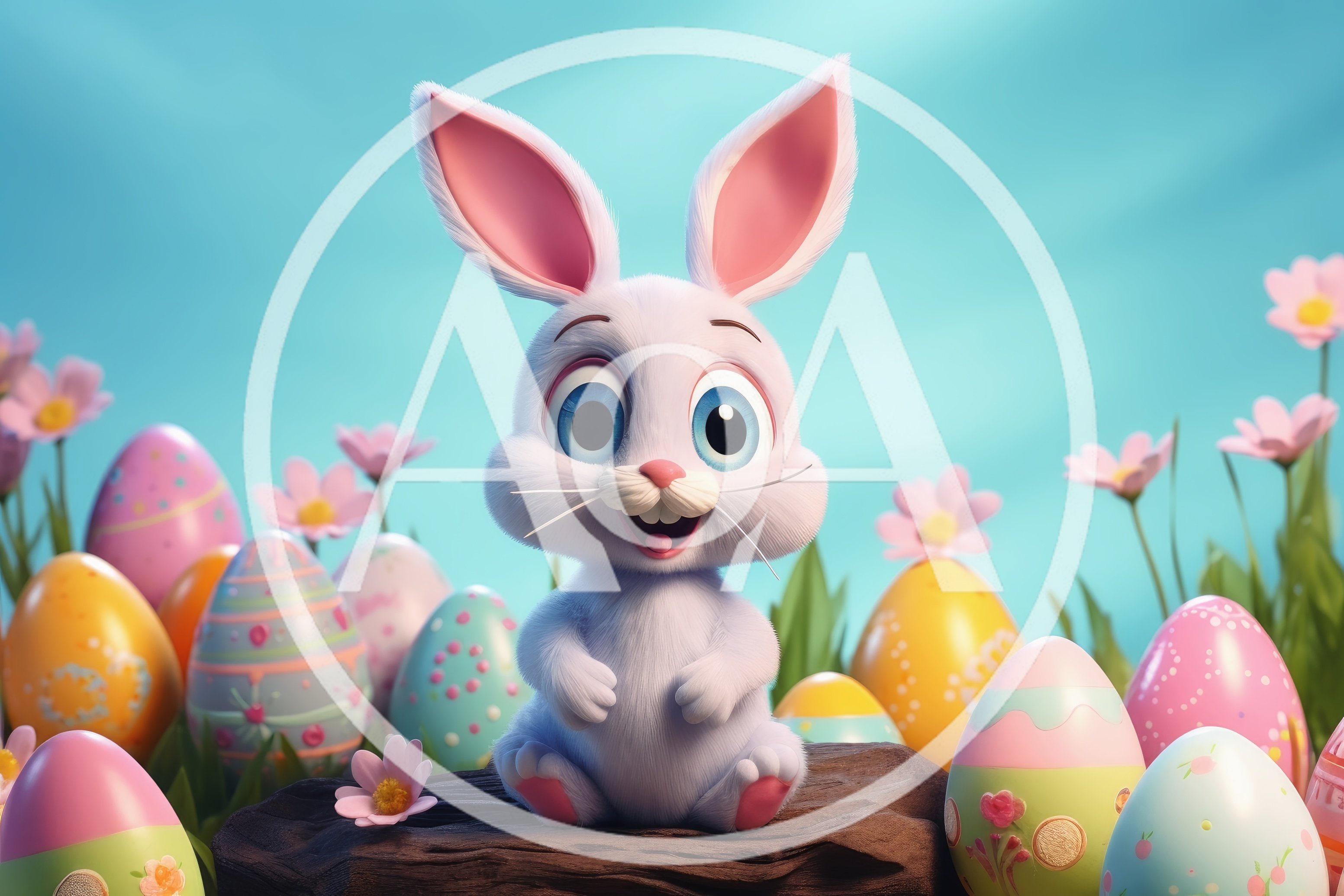 Cute Cartoon Easter Bunny Sitting Among Decorated Eggs