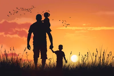 Silhouette Of A Father With His Two Children At Sunset