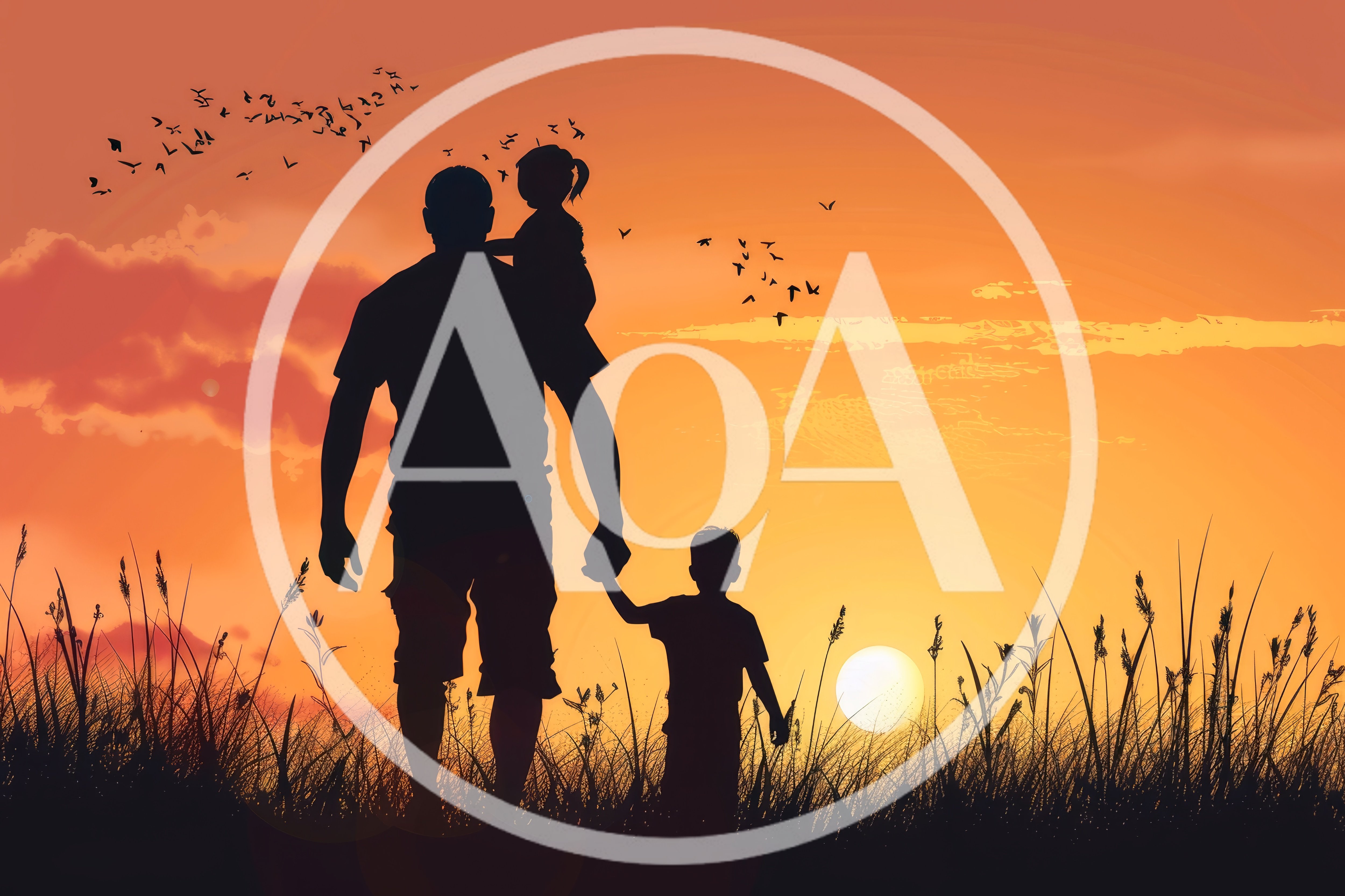 Silhouette Of A Father With His Two Children At Sunset