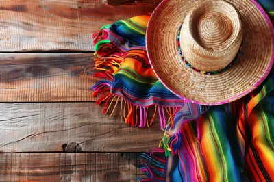 Traditional Mexican Sombrero and Colorful Serape on Wood