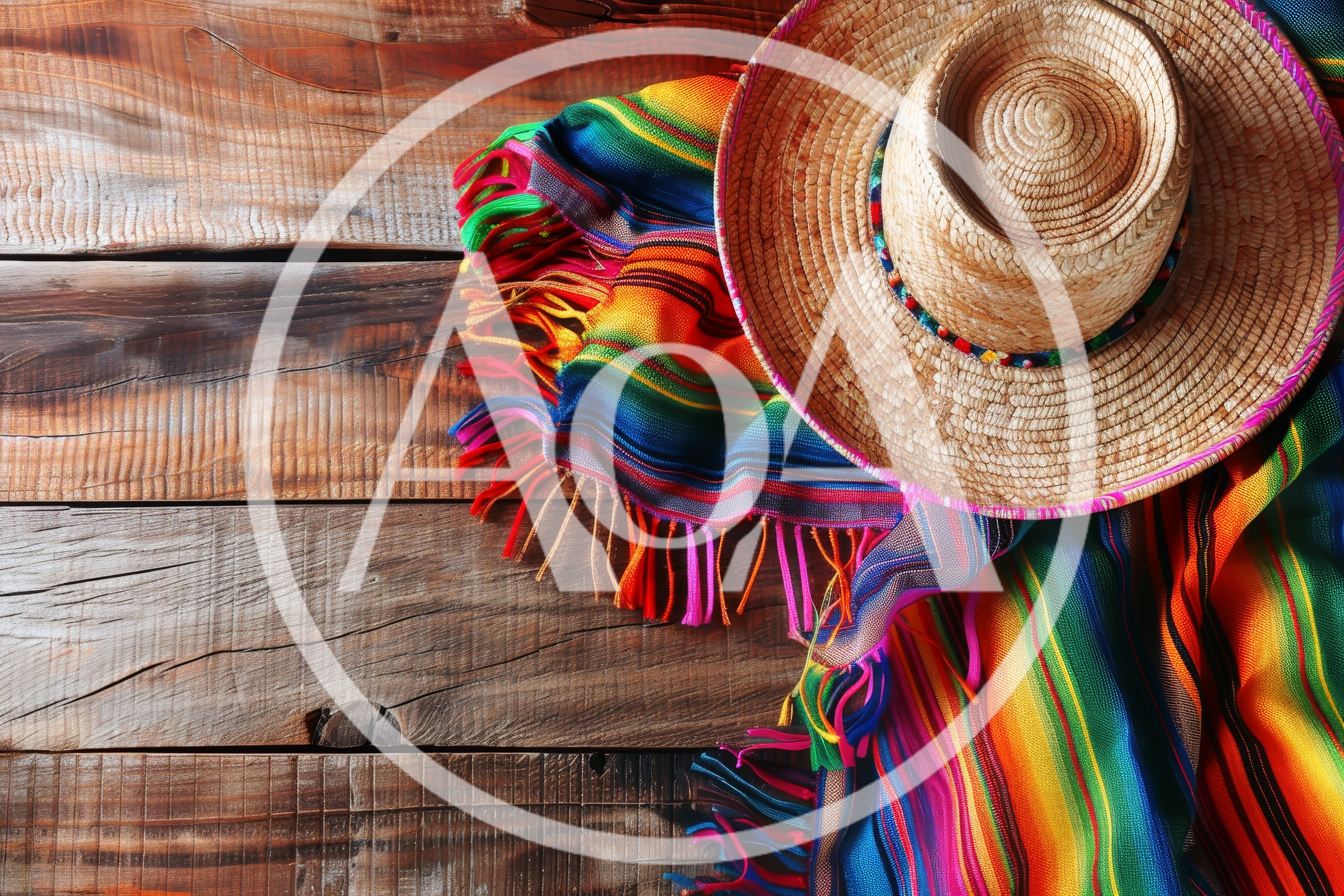 Traditional Mexican Sombrero and Colorful Serape on Wood