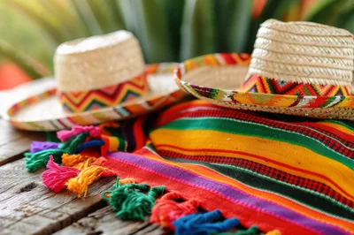 Two Traditional Mexican Sombreros on a Colorful Serape