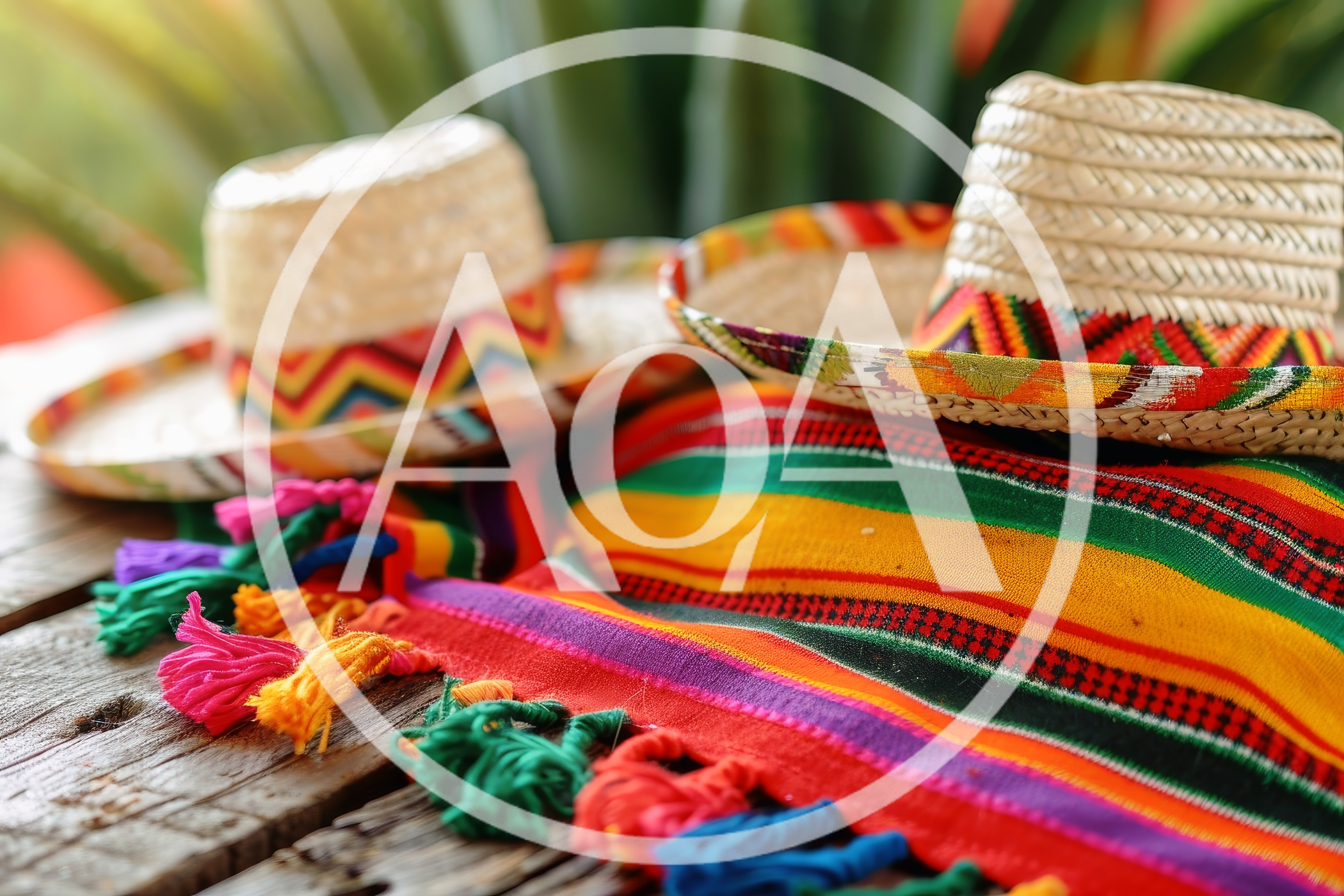 Two Traditional Mexican Sombreros on a Colorful Serape