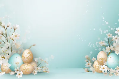 Easter Eggs With White Flowers On Pastel Blue Background