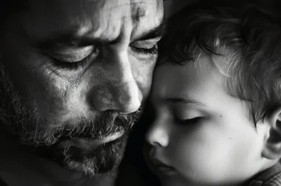 Close Up Portrait Of A Father And Child Embracing