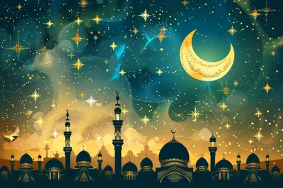 Islamic Mosque Silhouette Under Starry Crescent Moon Sky