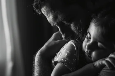 Father Comforting His Young Daughter In A Tender Embrace