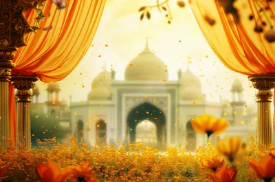 Golden Mosque View Through Ornate Curtains