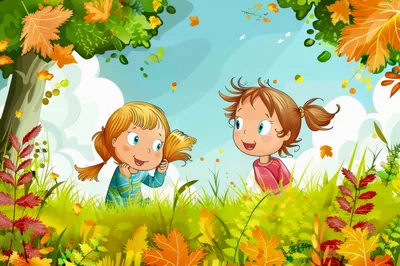 Two Cartoon Girls Playing In An Autumn Meadow
