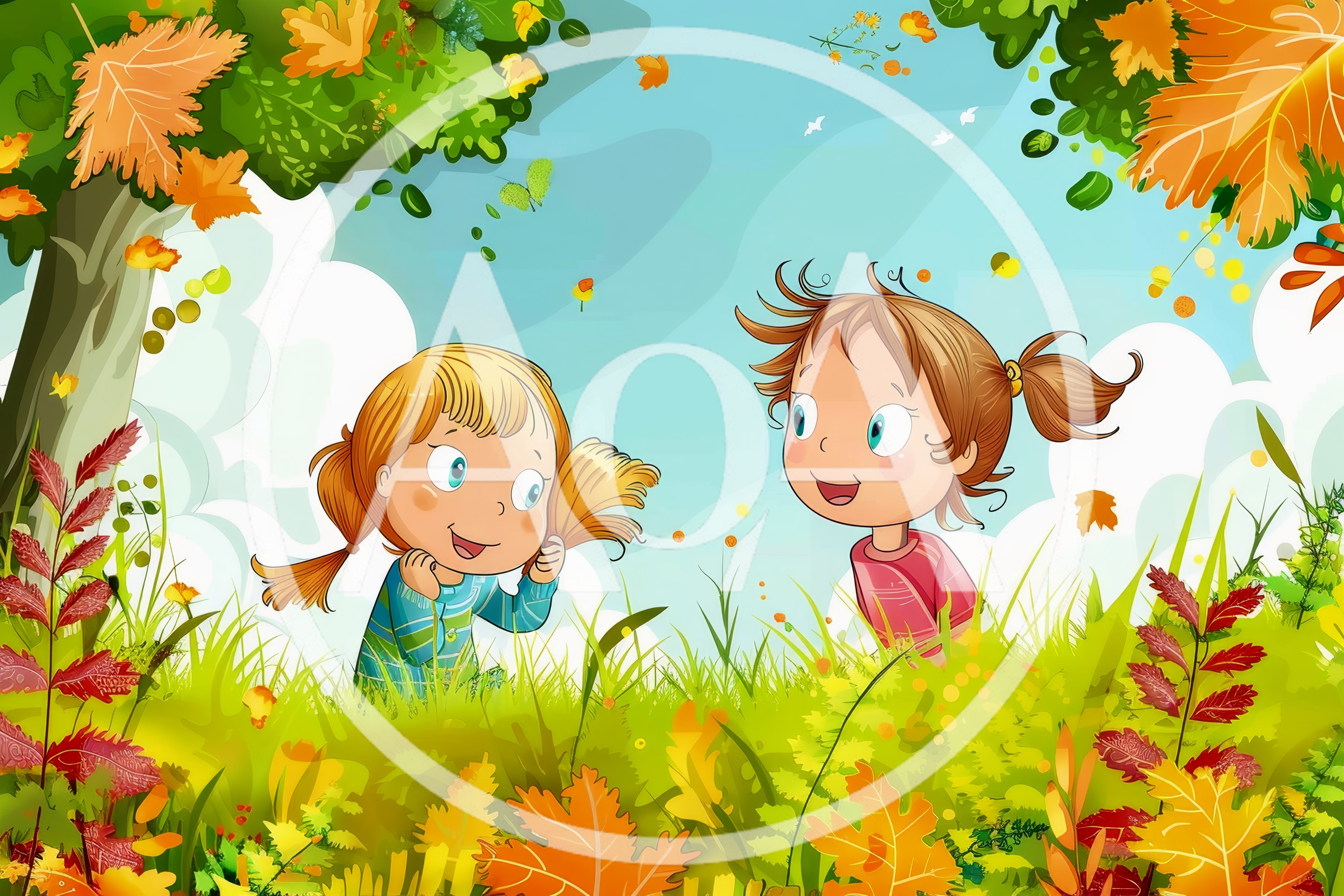 Two Cartoon Girls Playing In An Autumn Meadow