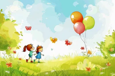 Two Little Girls Playing With Butterflies In A Meadow