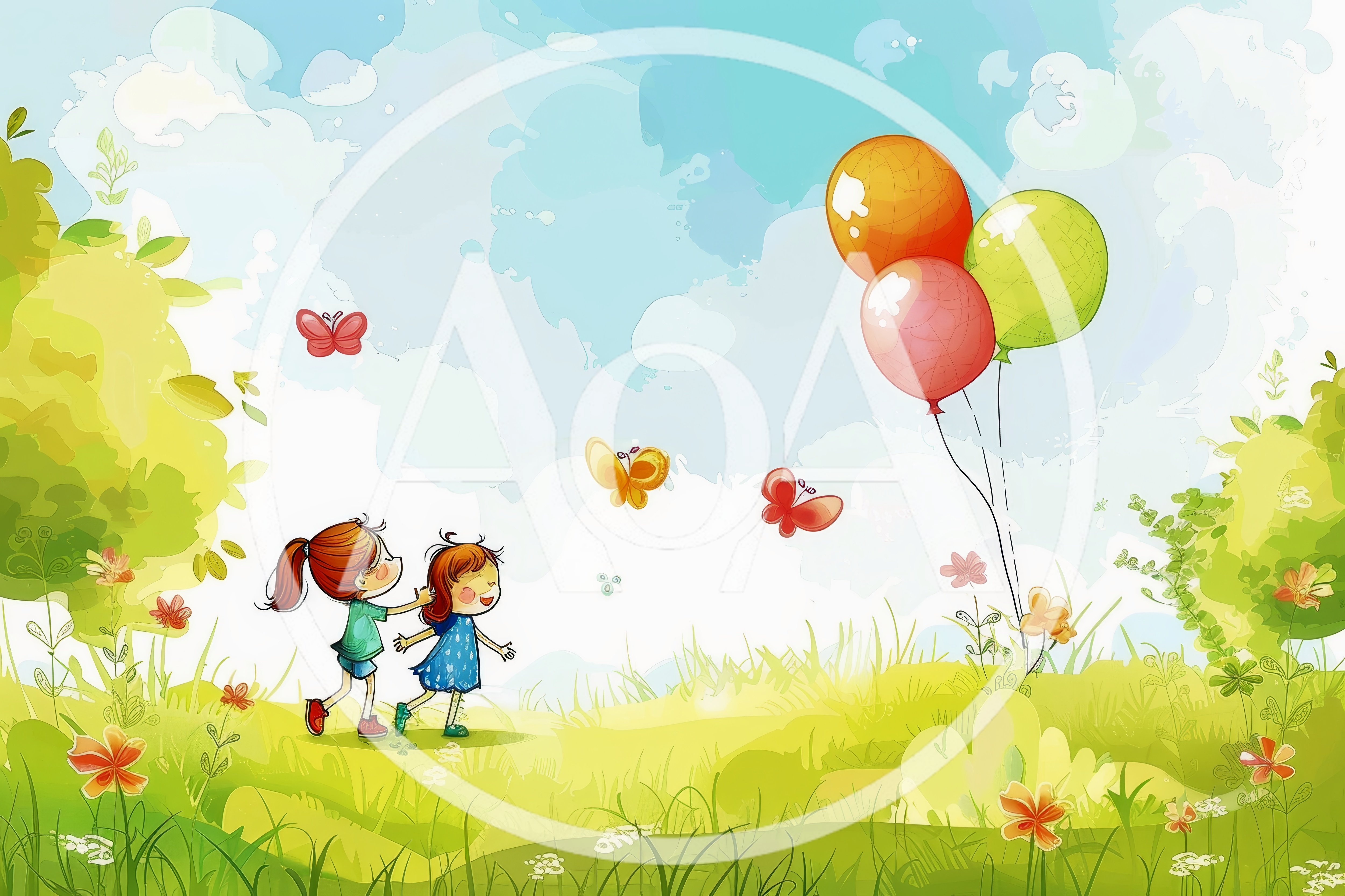 Two Little Girls Playing With Butterflies In A Meadow